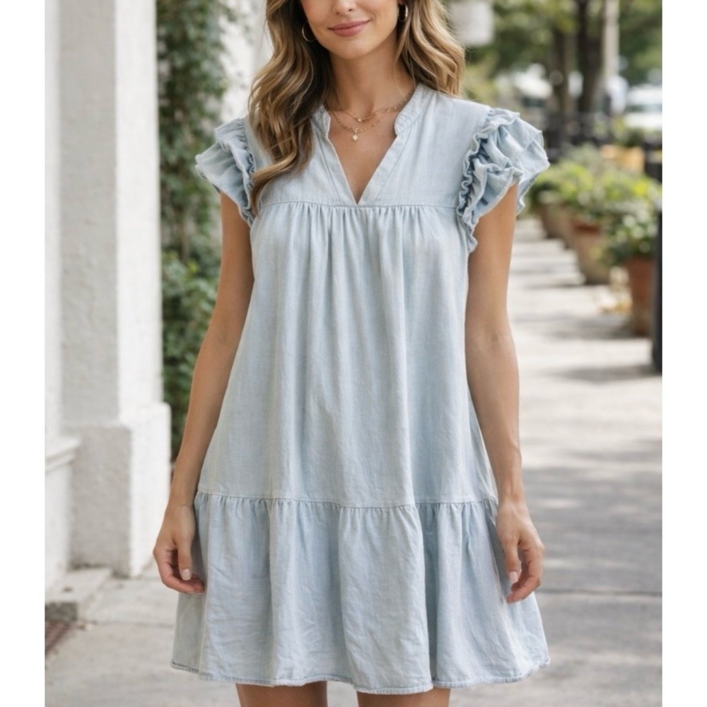 Light Blue Denim Babydoll Dress Ruffle Sleeve V-Neck Tiered Small Summer Casual